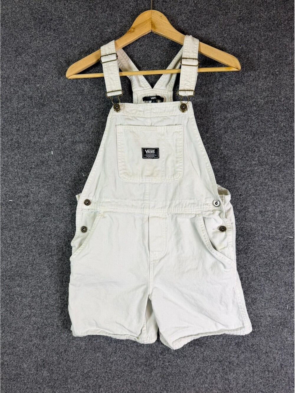Vans Womens White Denim Overall Shortalls Size Large Off White Canvas Shortalls